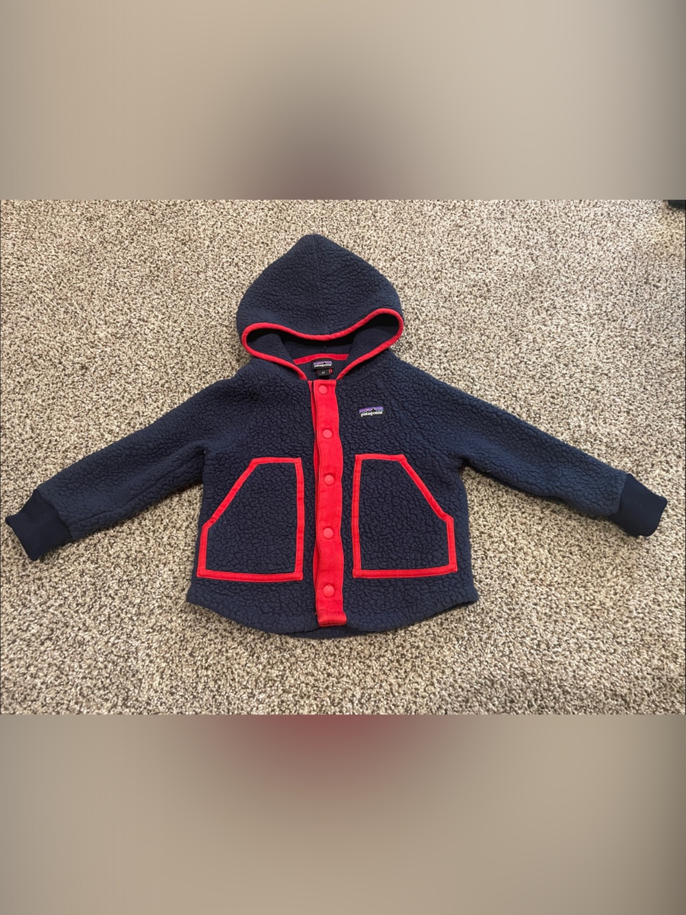 Patagonia Navy and Red Hooded Sherpa Fleece Jacket
